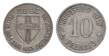 Кобленц 10 пфеннигов 1918 Funck 80.1A, Men05 4526.1, Men18 5727.1 железо 4643-1011