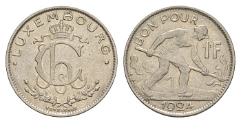 Люксембург 1 франк 1924 KM 35 никель 4646-1011