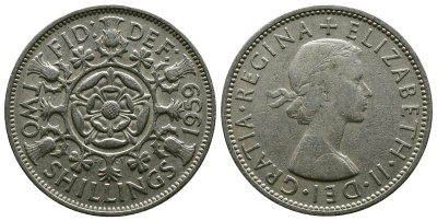 Великобритания 2 шиллинга (флорин) 1959 Елизавета II (1952-2022) KM 906, Spink 4146 медно-никель 4382-224