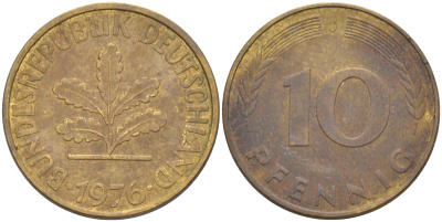 ФРГ 10 пфеннигов 1976 J KM 108, J. 383 сталь плакированная латунью 58-1216