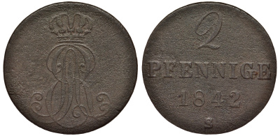 Ганновер 2 пфеннига 1842 S, Эрнст Август (1837-1851) KM 174.2, AKS 123, J. 55 медь 75-1732