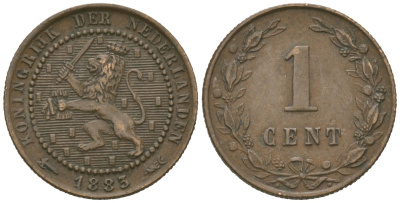 Нидерланды 1 цент 1883 Виллем III (1849-1890) KM 107 бронза 4615-565