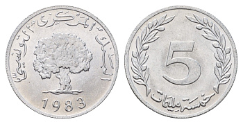 Тунис 5 динаров 1983 пробковый дуб KM 282 алюминий UNC 4675-453