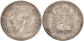 БЕЛЬГИЯ 1 ФРАНК 1867 ЛЕОПОЛЬД II (1865-1909), BELGES KM 28.1 серебро 63-1023