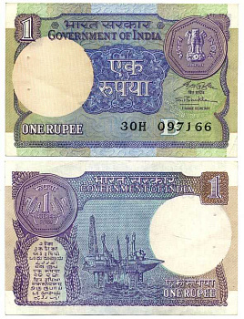 ИНДИЯ 1 РУПИЯ 1991 БУКВА В, ПОДПИСЬ, НЕФТЯНАЯ ПЛАТФОРМА, ПОДПИСЬ 47 Pick 78Аf бумага 7198-10-3-2