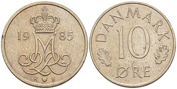 Дания 10 эре 1985 R; B, Маргрете II (1972-2024) KM 860.3 медно-никель 4387-1244