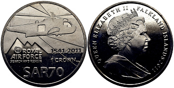 Фолклендские острова 1 крона 2011 70 лет королевских воздушных сил спасения (SAR), вертолет KM 159 медно-никель UNC M75-05