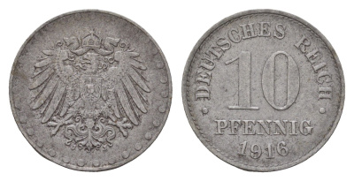 Германия 10 пфеннигов 1916 G, Вильгельм II (1888-1918) KM 20, J. 298 железо 4636-1122