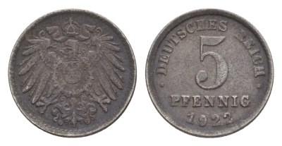 Германия 5 пфеннигов 1922 G KM 19, J. 297, Weege 5 железо плакированное цинком 4640-168
