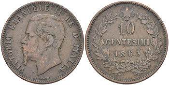 ИТАЛИЯ 10 ЧЕНТЕЗИМО 1863 МОНДВОР ПАРИЖ, ВИКТОР ЭММАНУИЛ II (1861-1878) KM 11.2 медь 4526-733