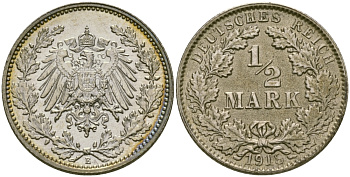 ГЕРМАНИЯ 1/2 МАРКИ 1918 E J. 16, KM 17 серебро UNC 65-253