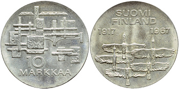 Финляндия 10 марок 1967 S-H, 50 лет независимости (1917-1967) KM 50 серебро 413-1915