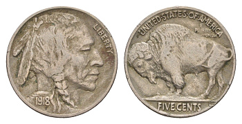 США 5 центов 1918 индеец, бизон KM 134 медно-никель 4658-1028