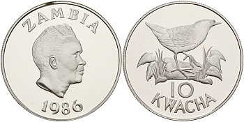 Замбия 10 квача 1986 WWF, серия защита окружающей среды, белокрылый пушистик,  тираж 25000 экз. KM 25 серебро PROOF 11-082-14