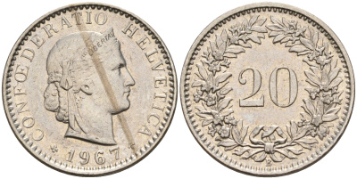 Швейцария 20 раппенов 1967 В KM 29а медно-никель    4153-312