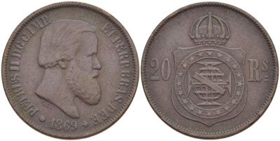 Бразилия 20 рейсов 1869 Педро II (1831-1889) KM 474 бронза 4529-445