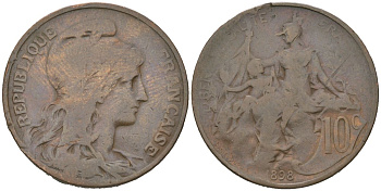 Франция 10 сантимов 1898 KM 843, Le Franc 136/5 бронза 4599-1234