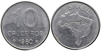 Бразилия 10 крузейро 1980 карта Бразилии KM 592.1 нержавеющая сталь 3336-846