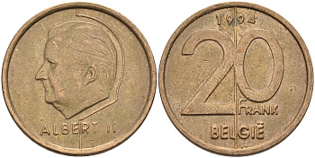 Бельгия 20 франков 1994 Belgie, Альберт II KM 192 никель бронза 4126-323