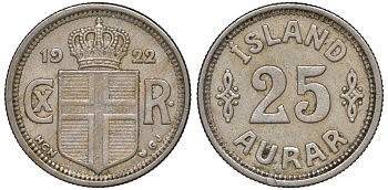 Исландия 25 эйре 1922 HCN GJ, Кристиан X (1912-1944) KM 2.1 медно-никель 4596-855