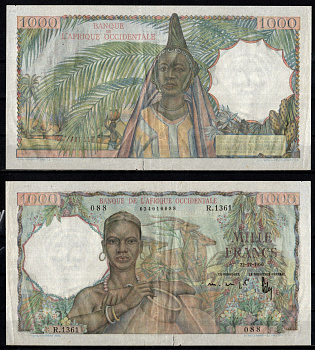 Французская Западная Африка 1000 франков 1950 сбор урожая Pick 42 (2) бумага 451-1321-2