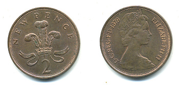 Великобритания 2 пенса 1979 Елизавета II (1952-2022) KM 916, Spink 4235 (C1) бронза 4383-322
