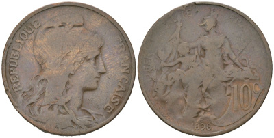 Франция 10 сантимов 1898 KM 843, Le Franc 136/5 бронза 4599-1234