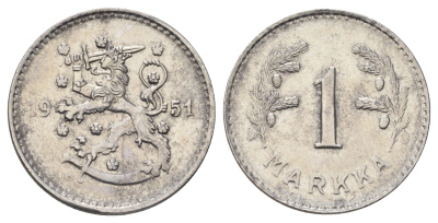 Финляндия 1 марка 1951 KM 30b железо 4668-863