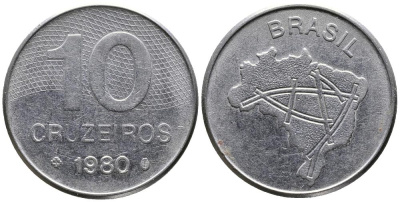 Бразилия 10 крузейро 1980 карта Бразилии KM 592.1 нержавеющая сталь 3336-846