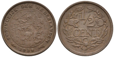 Нидерланды 1/2 цента 1938 Вильгельмина (1890-1948) KM 138 бронза 4588-964