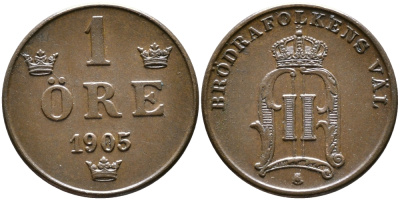 Швеция 1 эре 1905 Оскар II (1872-1907) король Швеции и Норвегии KM 750 бронза 176-869
