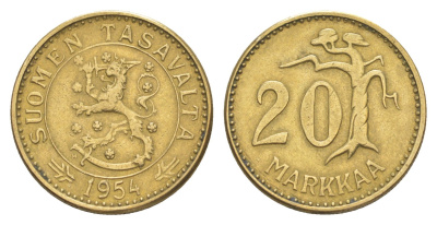 Финляндия 20 марок 1954 KM 39 алюминиевая бронза 4648-643