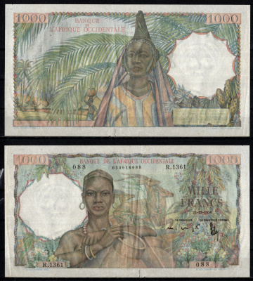 Французская Западная Африка 1000 франков 1950 сбор урожая Pick 42 (2) бумага 451-1321-2
