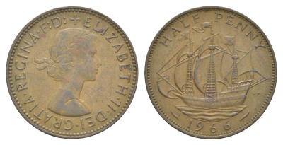 Великобритания 1/2 пенни 1966 Елизавета II (1952-2022) KM?896, Spink?4158 бронза 4641-955