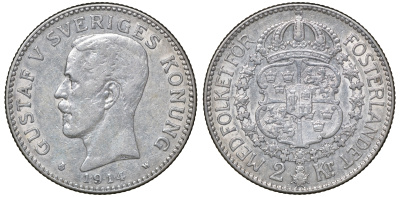 Швеция 2 кроны 1914 W, Густав V (1907-1950) KM 787 серебро 4178-1313