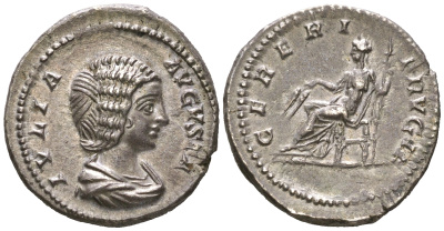 Римская Империя денарий 200 Юлия Домна, жена Септимия Севера, IVLIA AVGVSTA, бюст императрицы/CERERI FRVGIF, Церера, Рим, в слабе RNGA - AU RIC 546 серебро 15-004-06