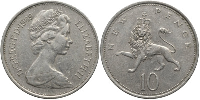 Великобритания 10 пенсов 1969 Елизавета II (1952-2022) KM 912, Spink 4231 (F1) медно-никель 82-1033