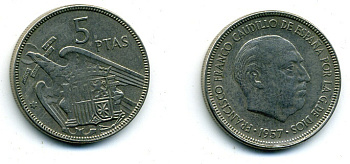 ИСПАНИЯ 5 ПЕСЕТ 1957 (64) ФРАНСИСКО ФРАНКО ДИКТАТОР ИСПАНИИ (1939-1975) KM 786 медно-никель 56-917