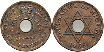 Нигерия 1 пенни 1959 Елизавета II (1952-), Британский протекторат KM 2 бронза 51-1757