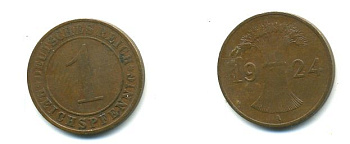 ГЕРМАНИЯ 1 РЕЙХСПФЕННИГ 1924 A KM 37, J.313 бронза 46-112