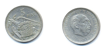 ИСПАНИЯ 5 ПЕСЕТ 1957 (58) ФРАНСИСКО ФРАНКО ДИКТАТОР ИСПАНИИ (1939-1975) KM 786 медно-никель 54-1322