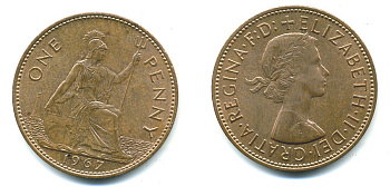 Великобритания 1 пенни 1967 Елизавета II (1952-2022) KM 897, Spink 4157 бронза 25-535