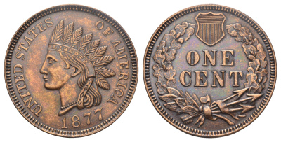 США медаль "Большой 1 цент" 1877 диаметр 75 мм, вес 53,1 гр бронза 11-019-22-2