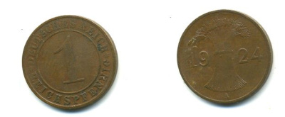 ГЕРМАНИЯ 1 РЕЙХСПФЕННИГ 1924 A KM 37, J.313 бронза 46-112