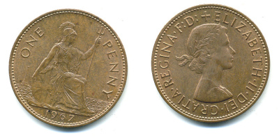 Великобритания 1 пенни 1967 Елизавета II (1952-2022) KM 897, Spink 4157 бронза 25-535