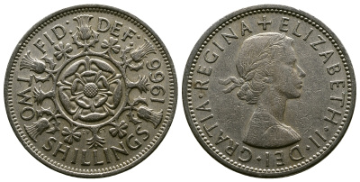 Великобритания 2 шиллинга (флорин) 1966 Елизавета II (1952-2022) KM 906, Spink 4146 медно-никель 4382-716