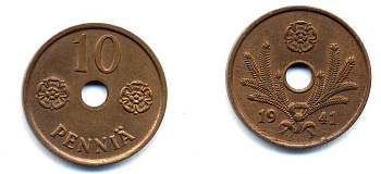 ФИНЛЯНДИЯ 10 ПЕННИ 1941 KM 33.1 медь 51-4934