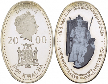Замбия 1000 квача 2000 100 лет королеве матери - коронация 1937, овал, эмаль KM 76 медно-никель PROOF 5010-532