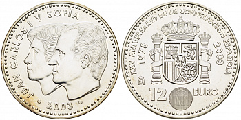 Испания 12 евро 2003 Карлос и София, 25 лет Конституции Испании KM 1051 серебро UNC 1087-4-11