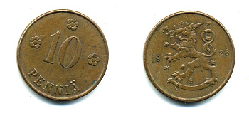 Финляндия 10 пенни 1926 республика (1918-1962) KM 24 медь 46-1544